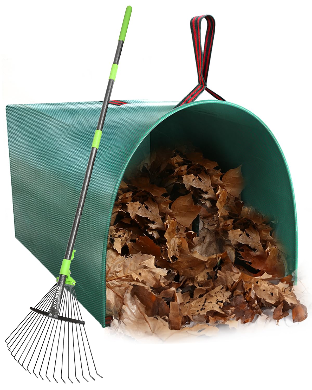 joyhalo front view of rake and bag showing complete set and easier cleanup