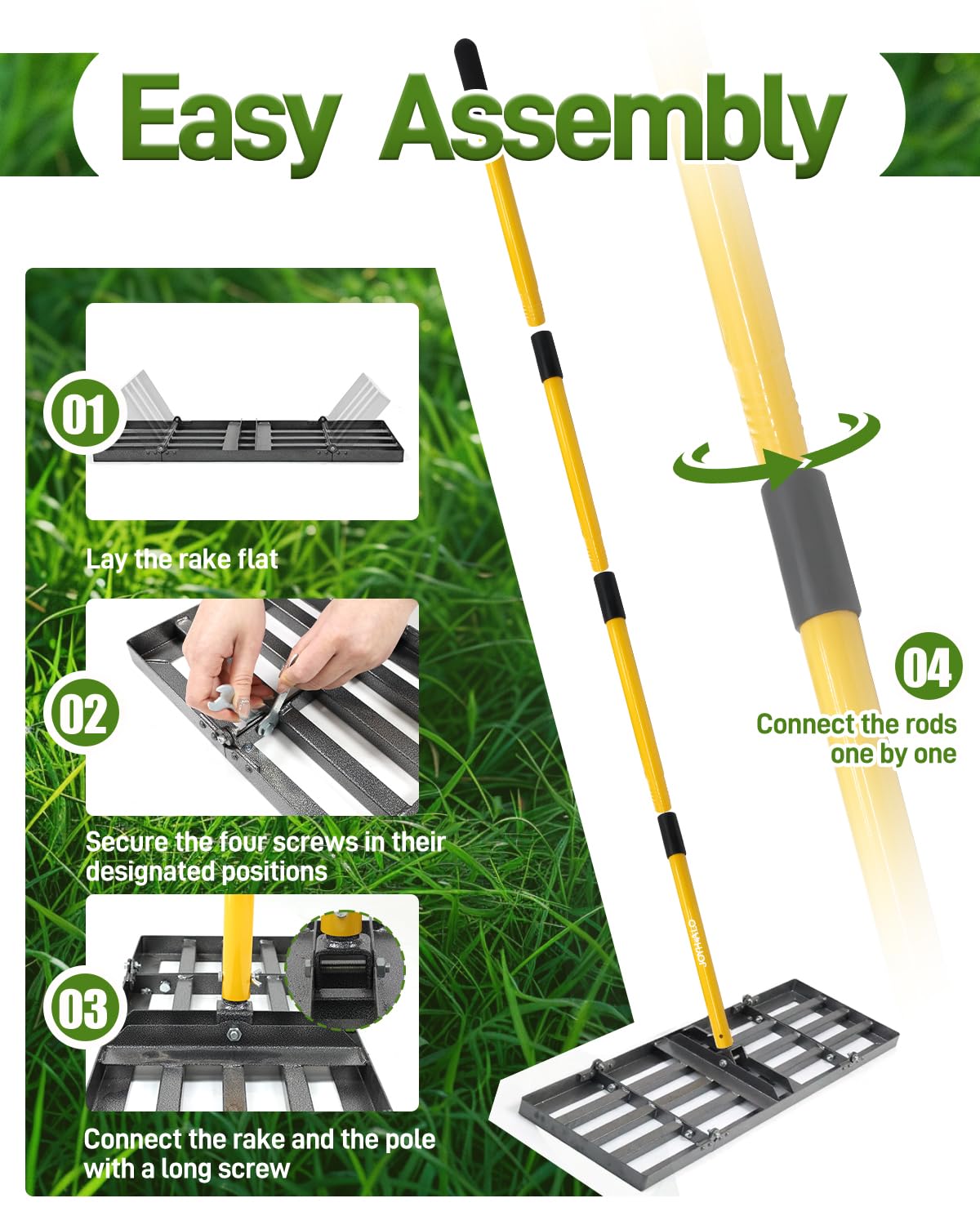 joyhalo rake in use leveling soil across a lawn delivering smooth, even ground preparation