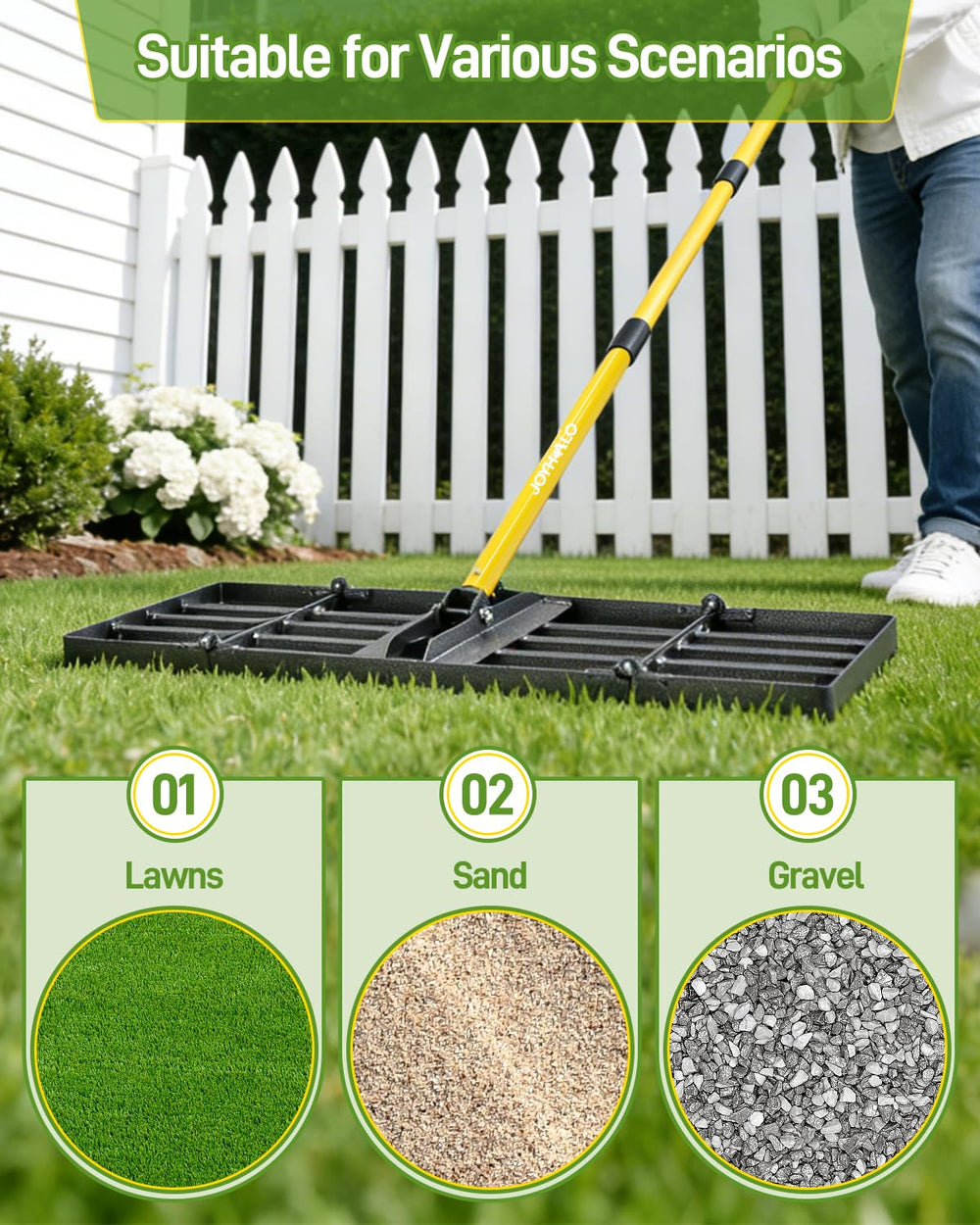 joyhalo rake next to person for scale showing 30-inch head covers wide area for faster work