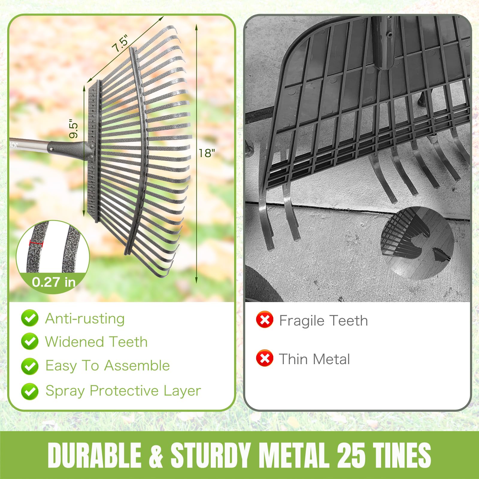 joyhalo rake beside a yard tool for scale illustrating compact storage and portability
