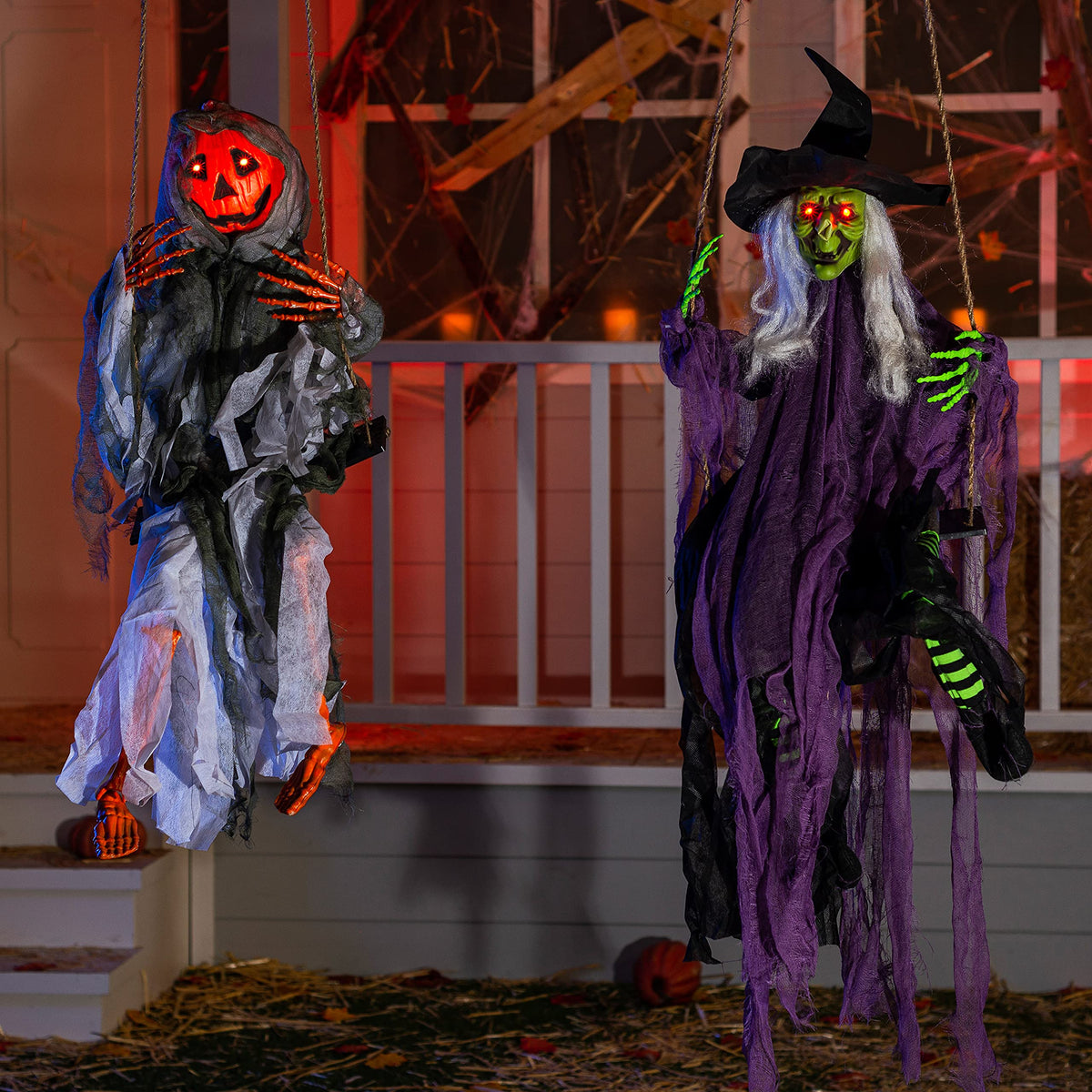 JOYIN front view of witch and pumpkin set showing ready-to-hang decor and appeal