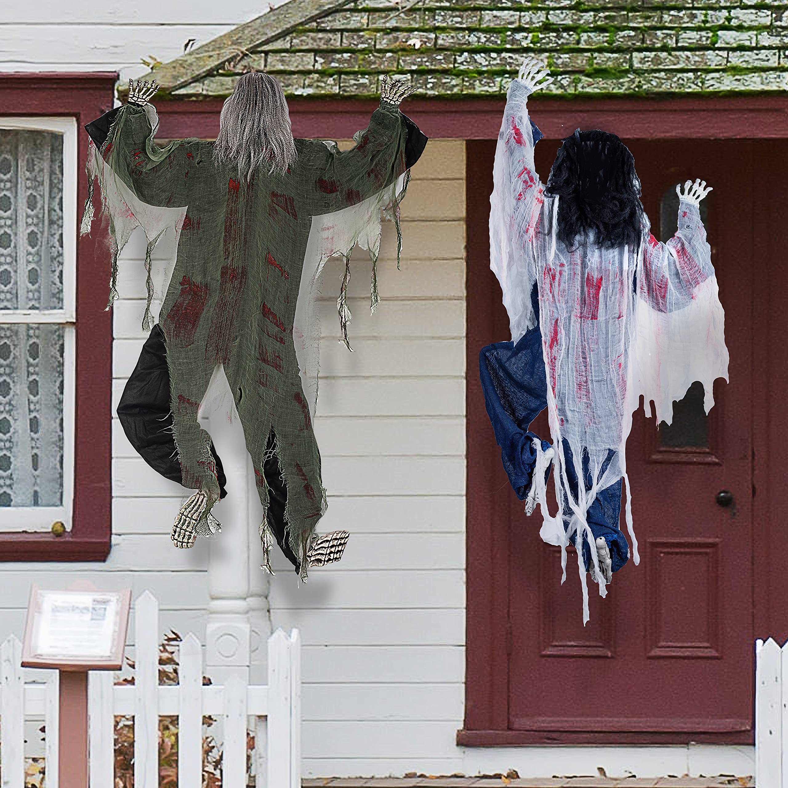 JOYIN yard scene with both zombies installed illustrating outdoor Halloween impact
