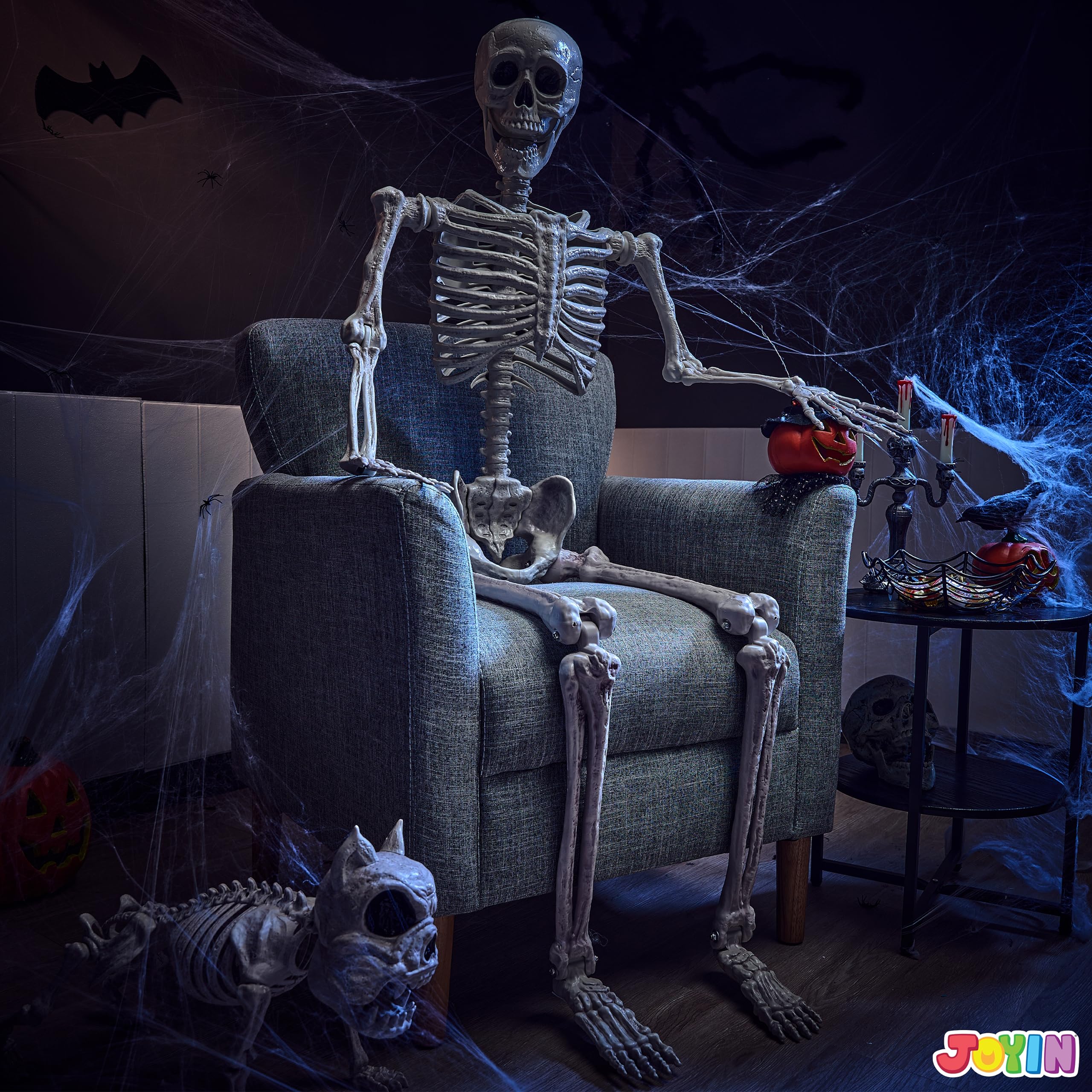 JOYIN skeleton next to doorway to show 5.6 ft scale and placement ideas
