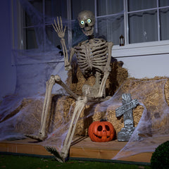 JOYIN skeleton posed on porch creating spooky welcome and curb appeal