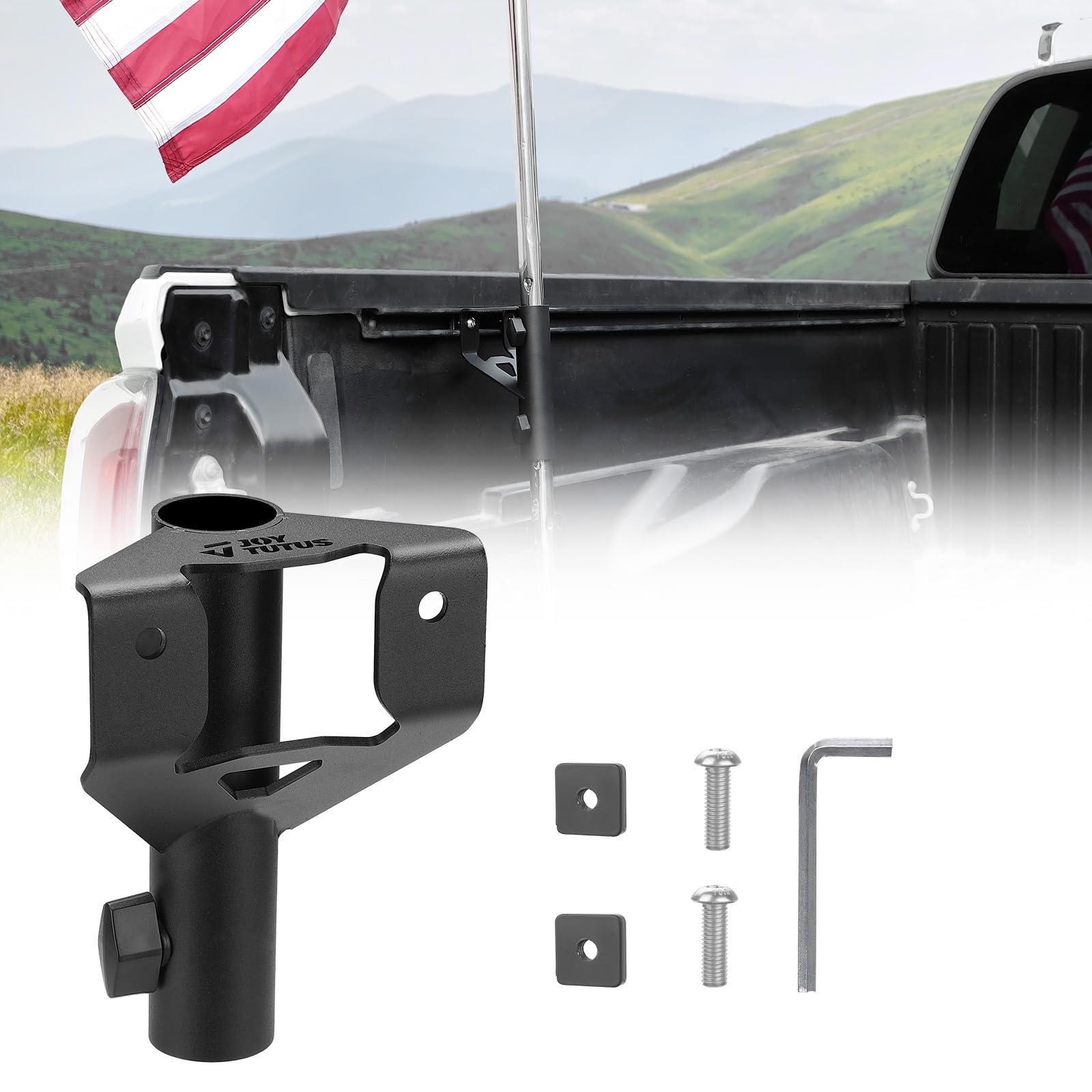 JOYTUTUS front view of flag mount on Tacoma bed rail showing clean low profile