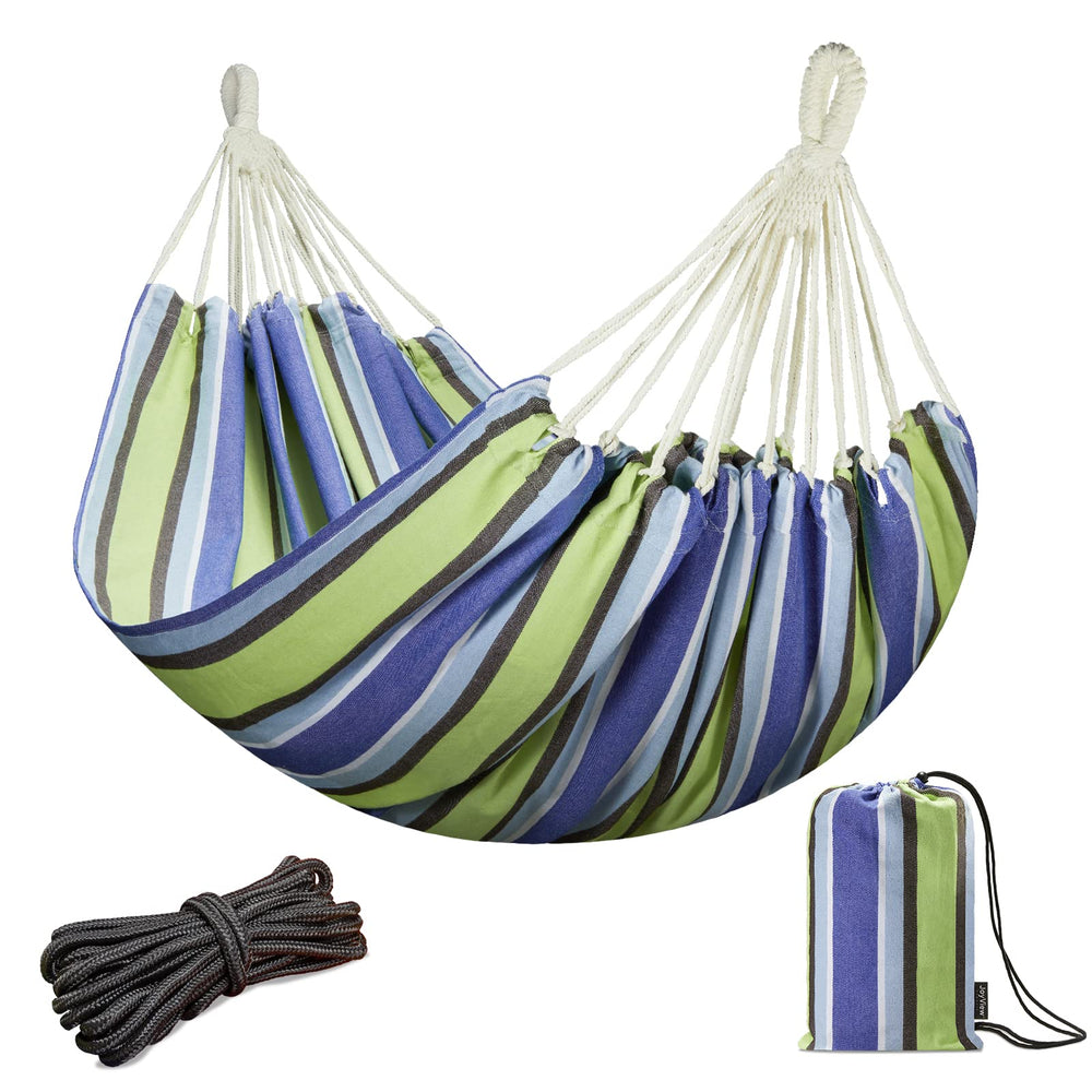 JoyView front view of blue and green striped hammock showing full bed benefit