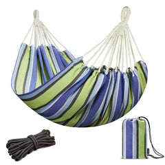 JoyView front view of blue and green striped hammock showing full bed benefit