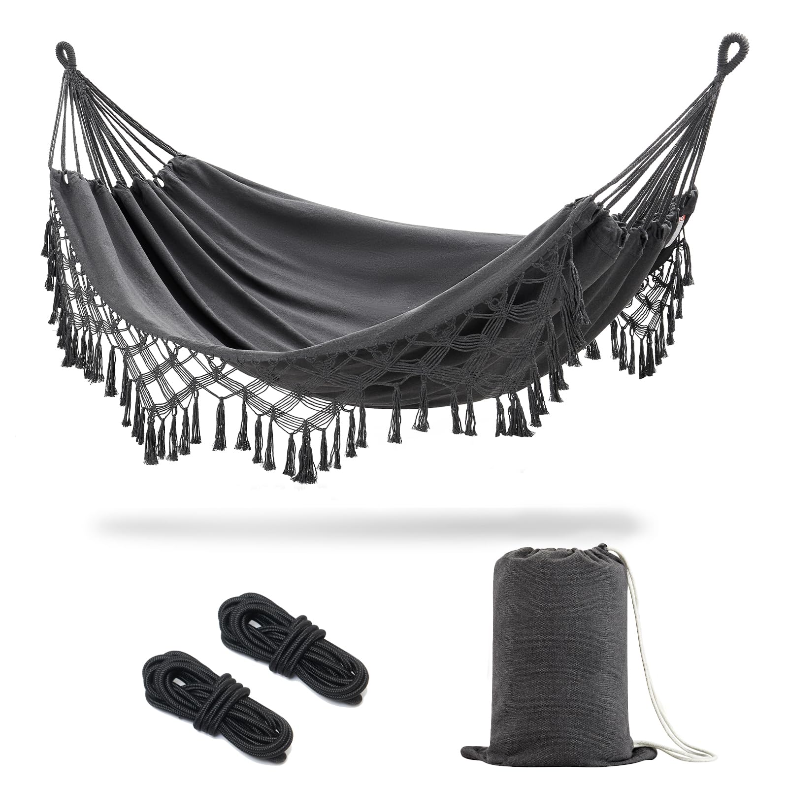 JoyView front view of dark grey hammock showing full spread and tassels, stylish relaxation