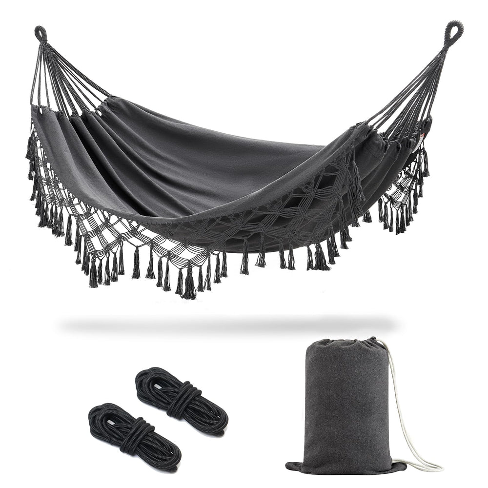 JoyView front view of dark grey hammock showing full spread and tassels, stylish relaxation