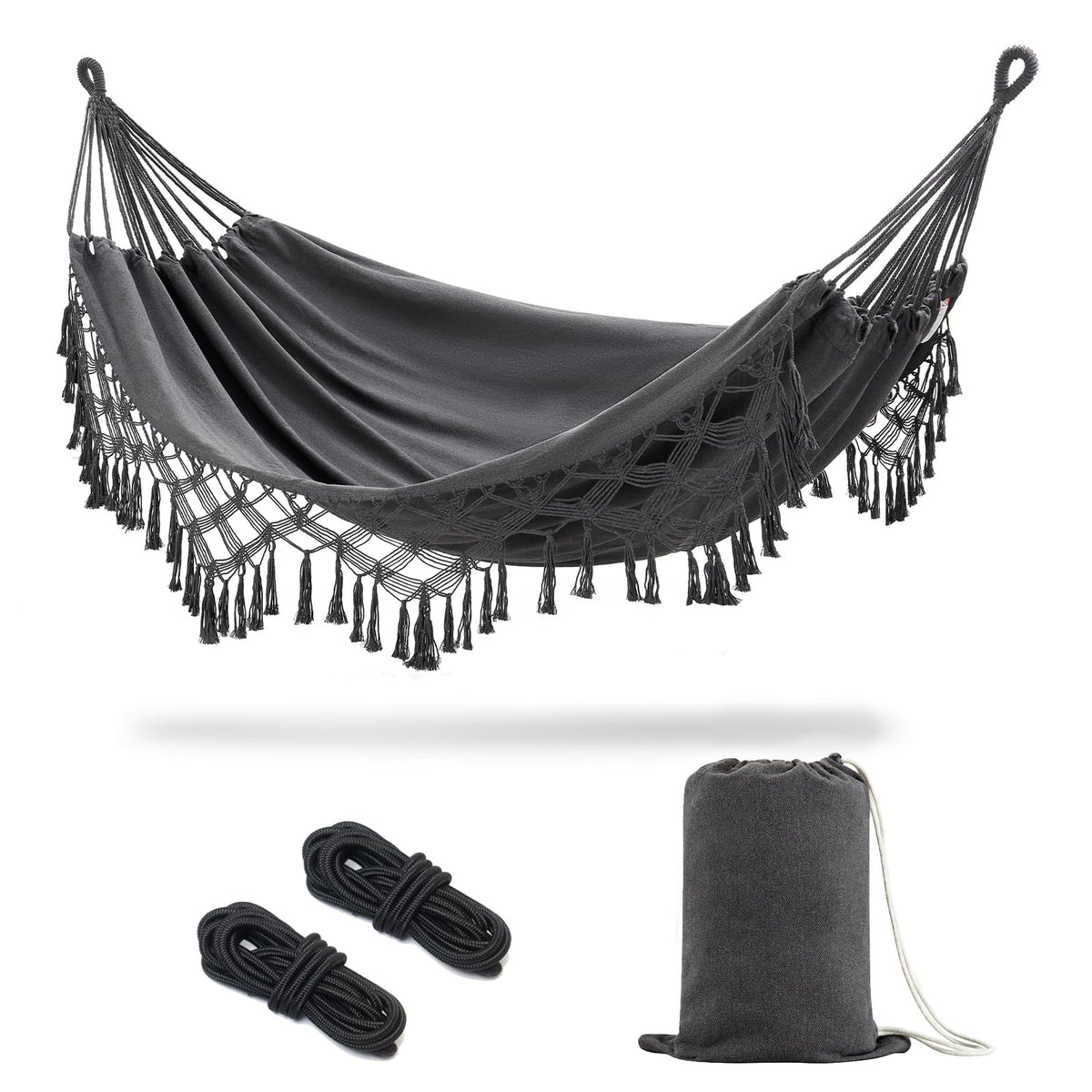 JoyView front view of dark grey hammock showing full spread and tassels, stylish relaxation