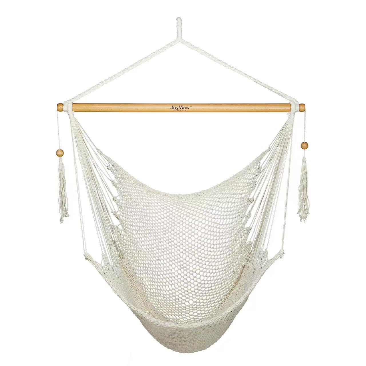 JoyView front view of hammock chair showing natural white seat and spreader bar for comfortable lounging