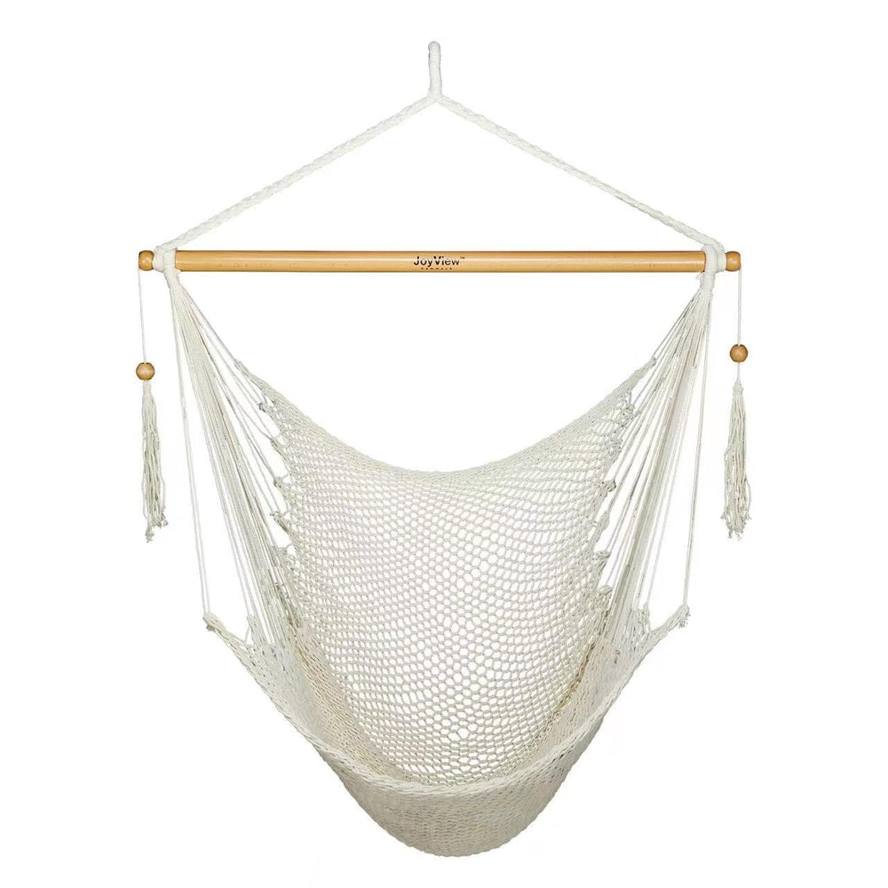 JoyView front view of hammock chair showing natural white seat and spreader bar for comfortable lounging