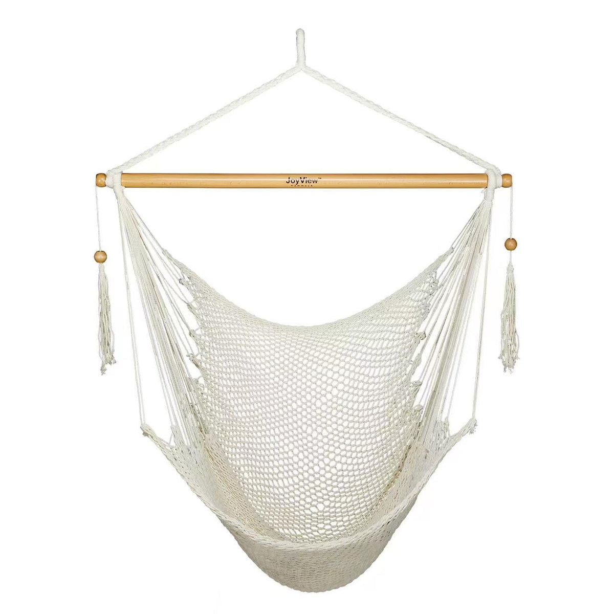 JoyView front view of hammock chair showing natural white seat and spreader bar for comfortable lounging
