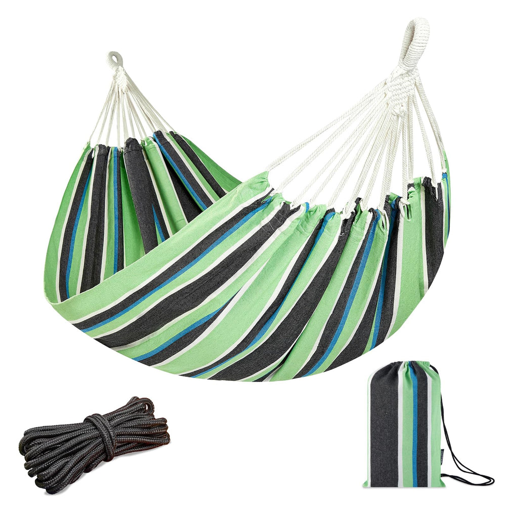 JoyView front view showing green black stripe hammock, inviting comfort