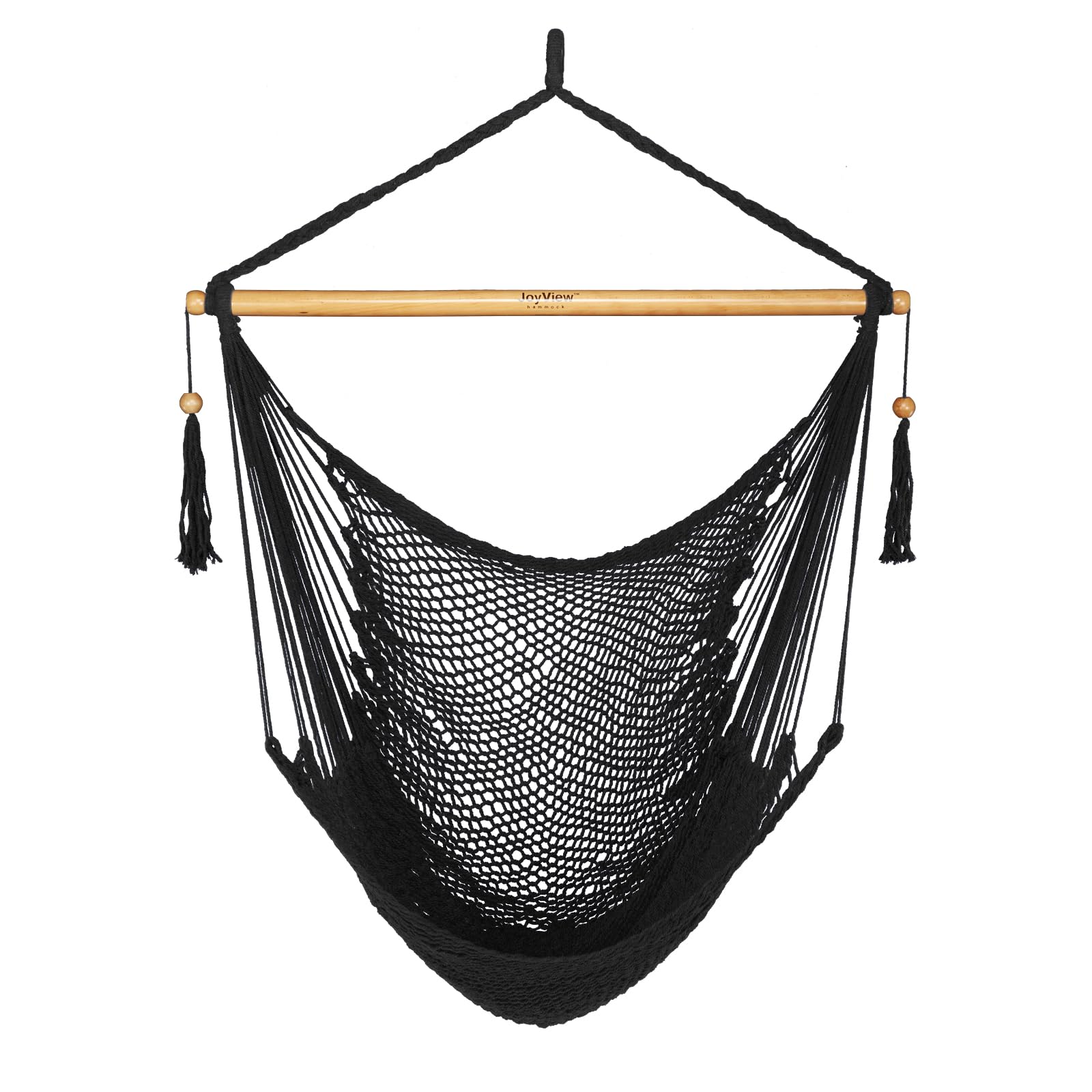 JoyView front view of black hammock chair showing roomy seat and elegant tassels for comfortable lounging