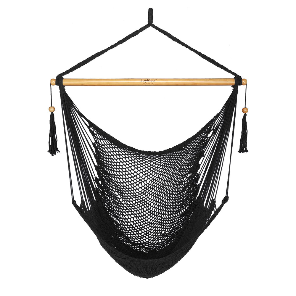 JoyView front view of black hammock chair showing roomy seat and elegant tassels for comfortable lounging
