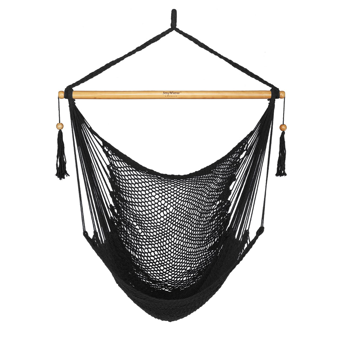 JoyView front view of black hammock chair showing roomy seat and elegant tassels for comfortable lounging