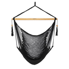 JoyView front view of black hammock chair showing roomy seat and elegant tassels for comfortable lounging