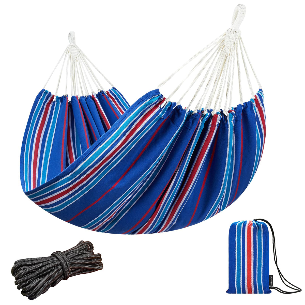 JoyView front view blue stripe hammock showing full bed for two