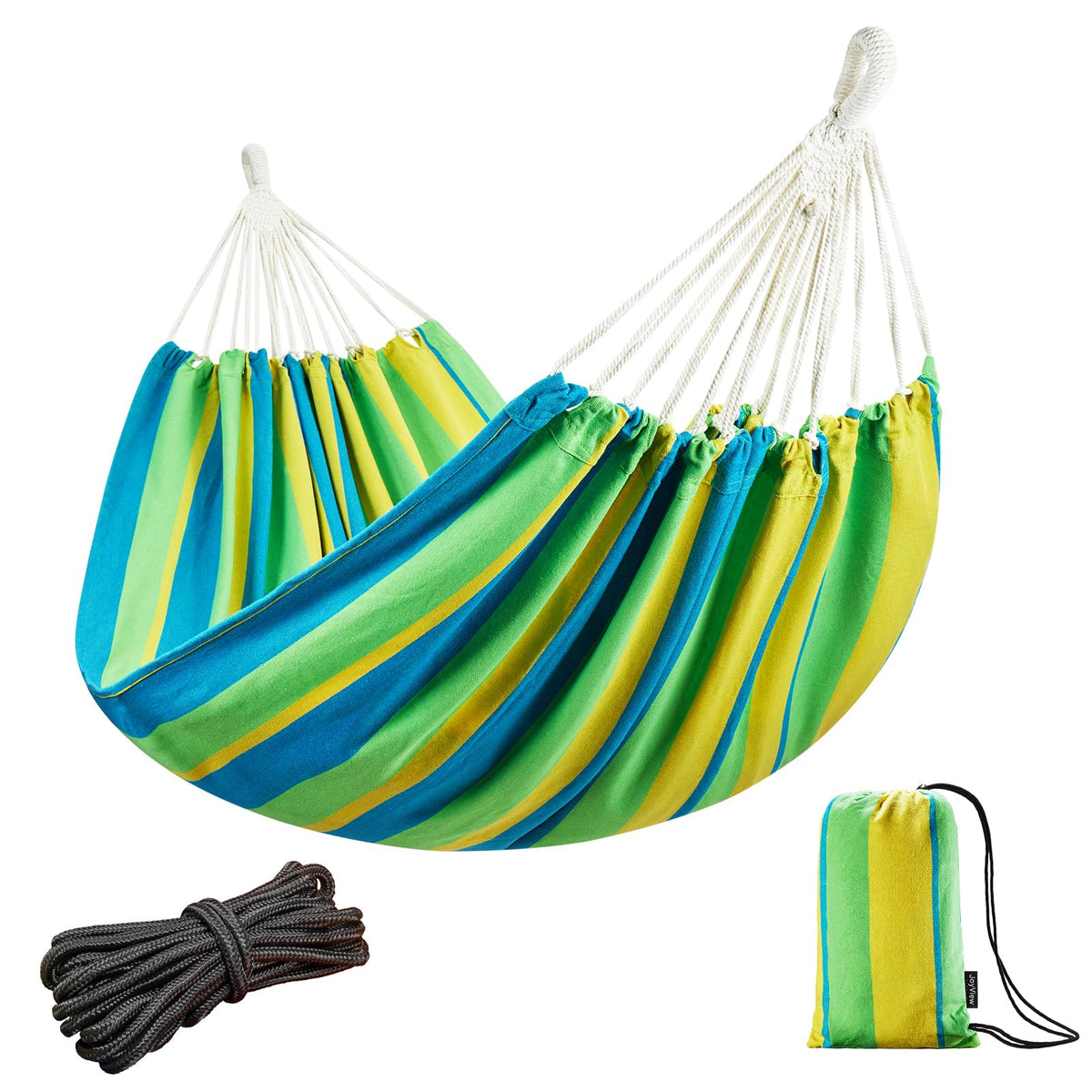 JoyView front view of hammock showing light green yellow stripe benefits comfort