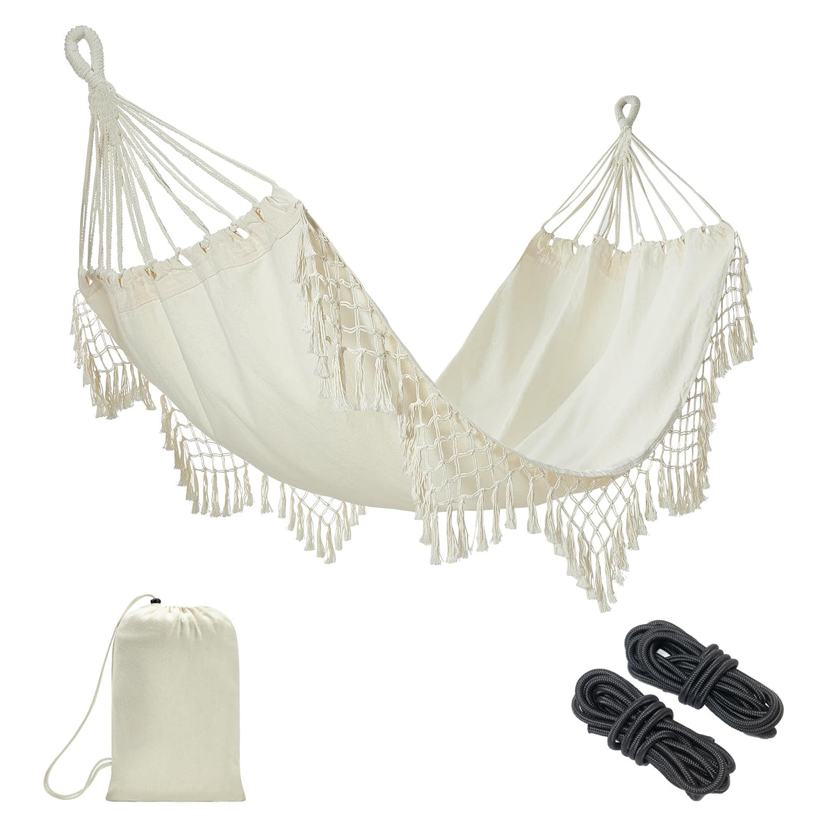 JoyView hammock front view showing full bed and tassels for stylish comfort