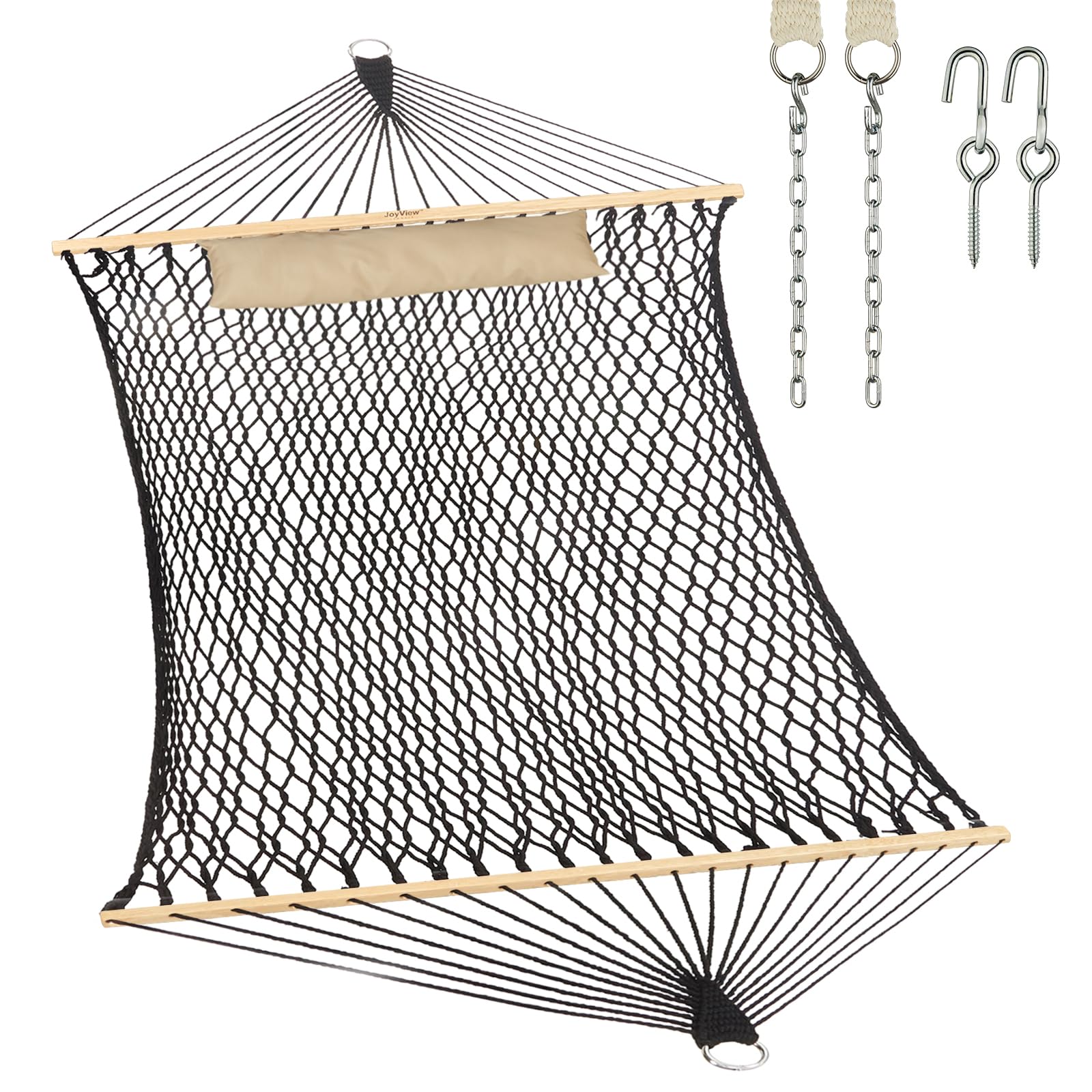 JoyView hammock front view showing full bed and spreader bars for comfortable lounging
