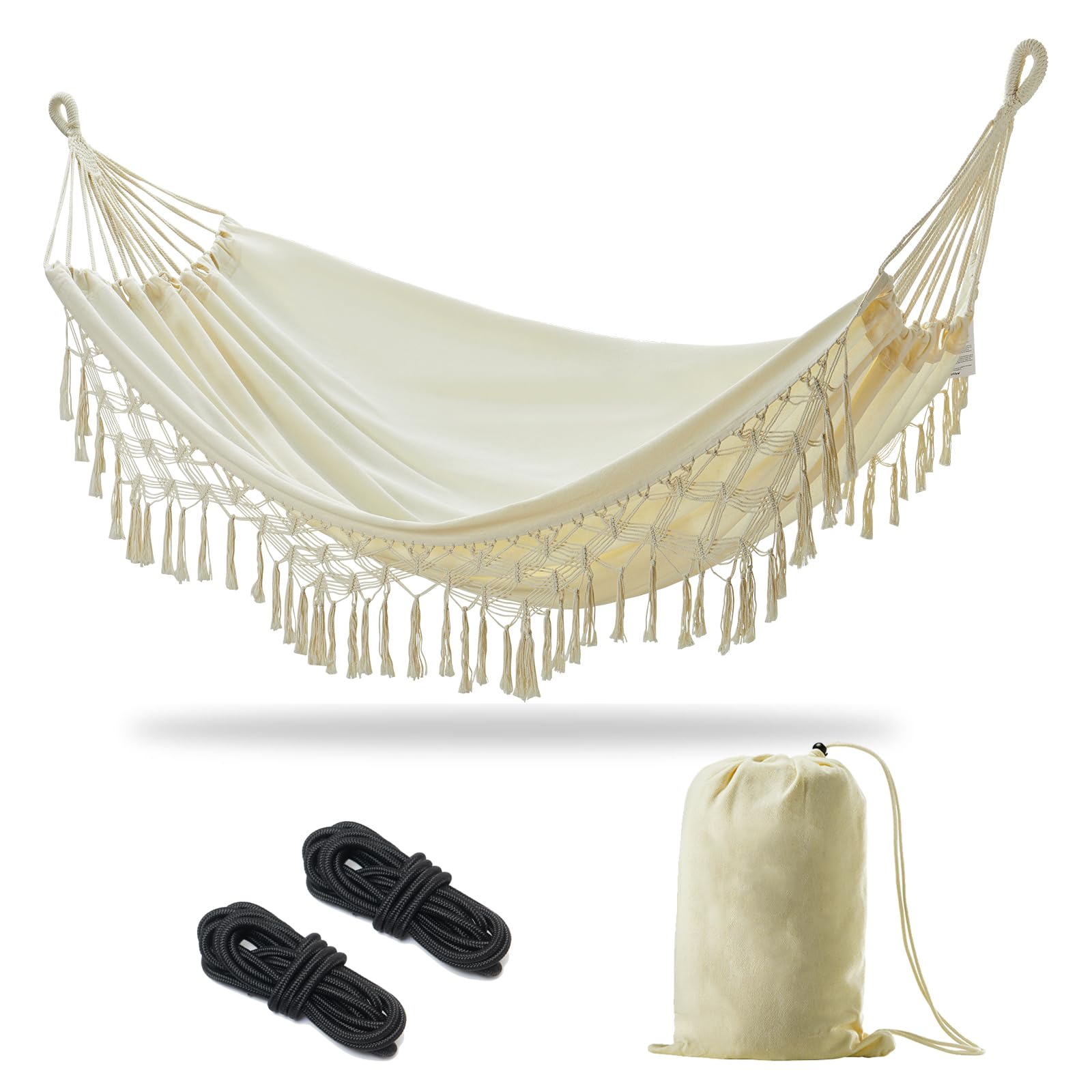 JoyView full front view showing beige boho hammock for comfortable lounging