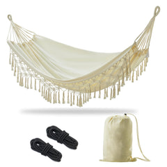 JoyView full front view showing beige boho hammock for comfortable lounging