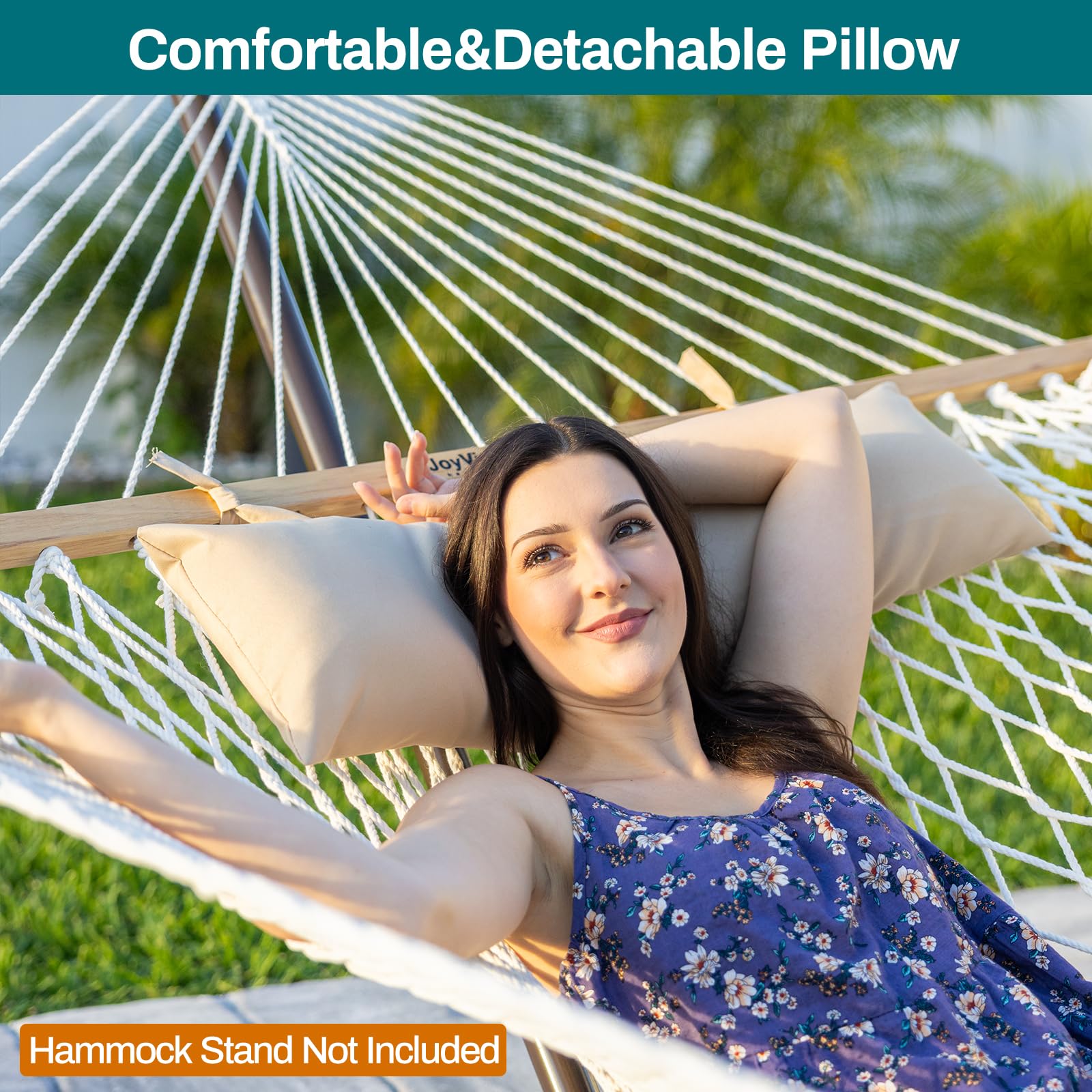 JoyView hammock in use with pillow illustrating head support and relaxed posture