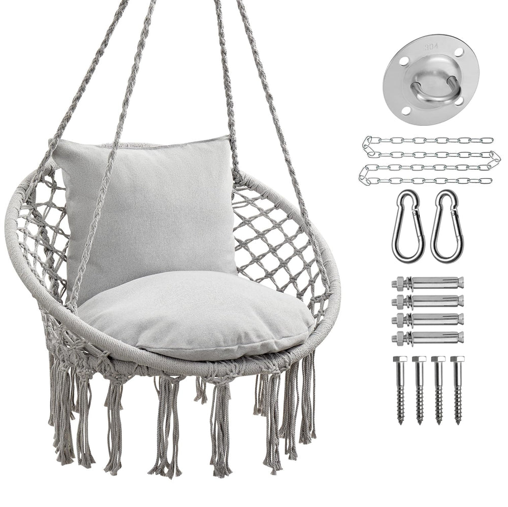 JoyView front view showing full macramé hammock chair and boho look for cozy seating