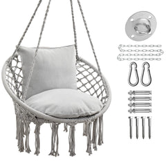 JoyView front view showing full macramé hammock chair and boho look for cozy seating