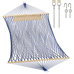 JoyView front view of blue rope hammock showing roomy bed and spreader bars for comfort
