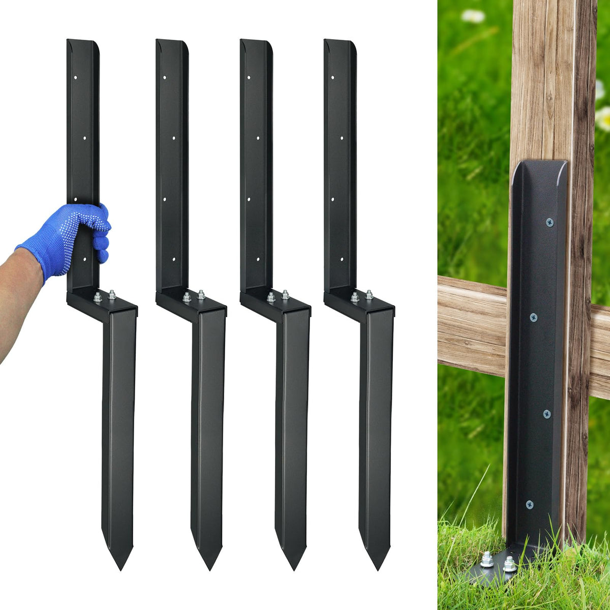 JPOIP front packaging showing four heavy-duty fence repair stakes and included tools for quick fixes