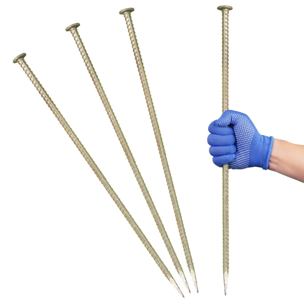 JPOIP front view of four galvanized rebar stakes, shows durability and pack contents