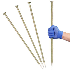 JPOIP front view of four galvanized rebar stakes, shows durability and pack contents