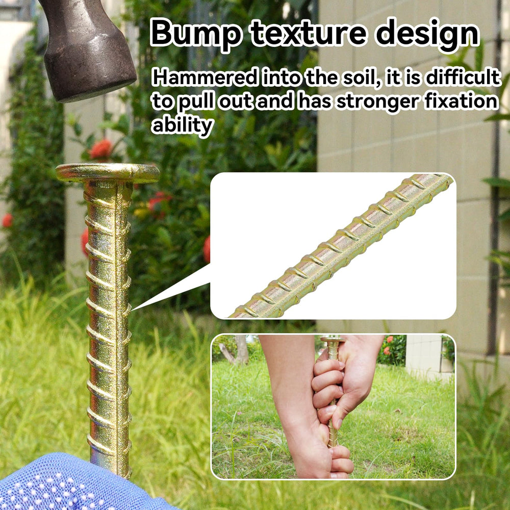 JPOIP stake securing a tent stake, showing reliable hold for outdoor equipment