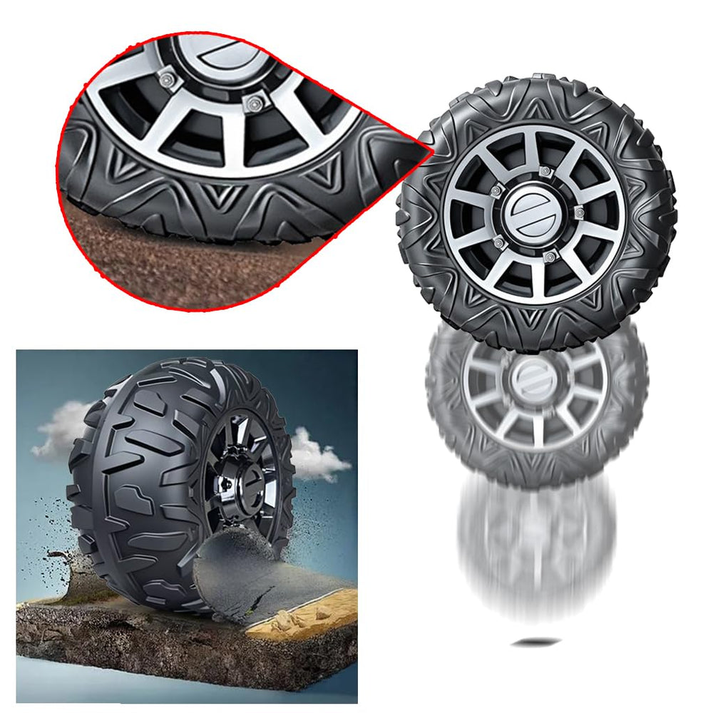 JRRXM tire installed on a ride-on car demonstrating quiet, puncture-free performance