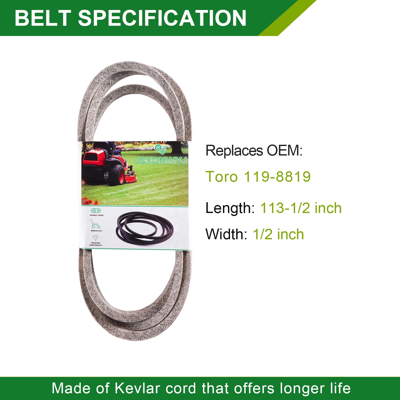 JSXDNWYJ flat-lay of deck belt illustrating correct size and tooth pattern for secure drive engagement