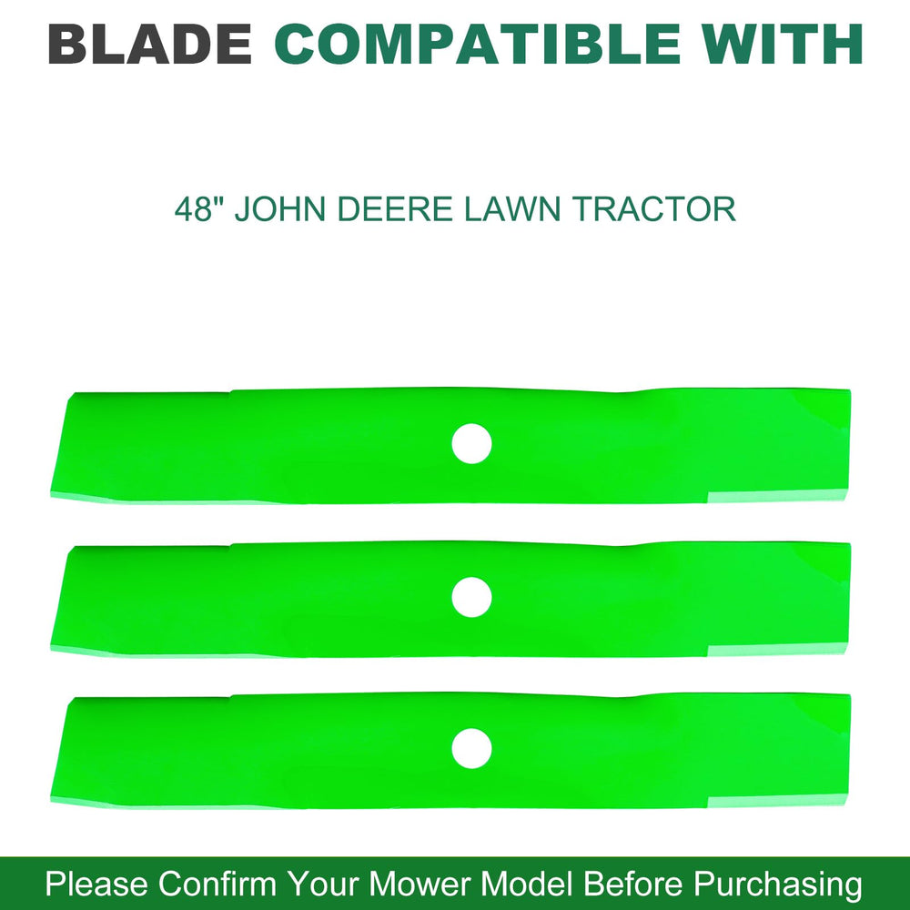 JSXDNWYJ blades installed on a 48-inch deck demonstrating correct fit
