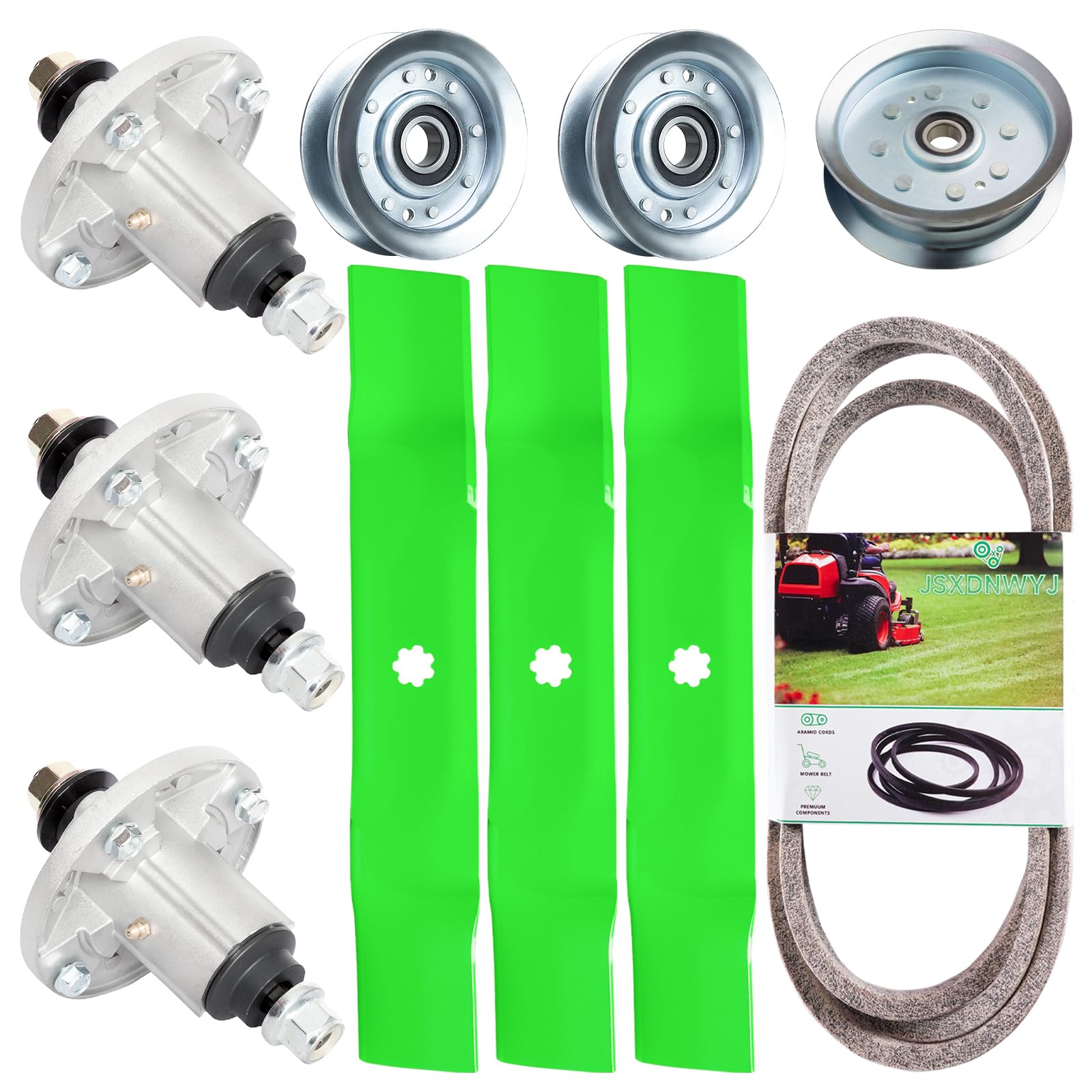 JSXDNWYJ front packaging for 48 inch deck kit showing included parts and benefit of single-purchase convenience
