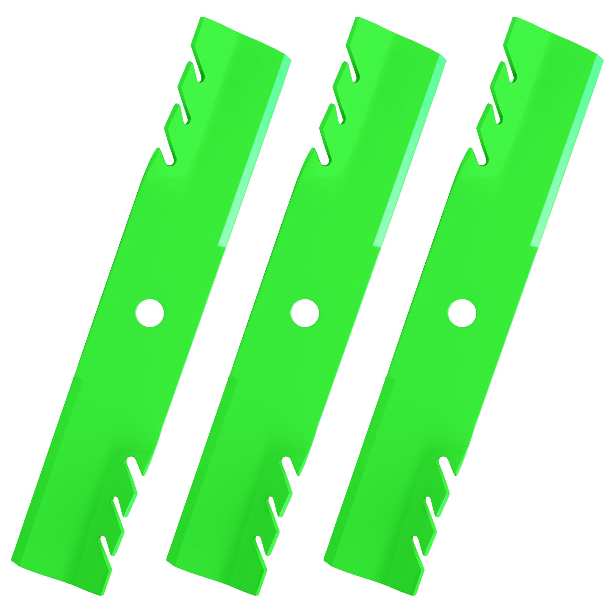 JSXDNWYJ front view of three mulching blades showing a complete replacement set