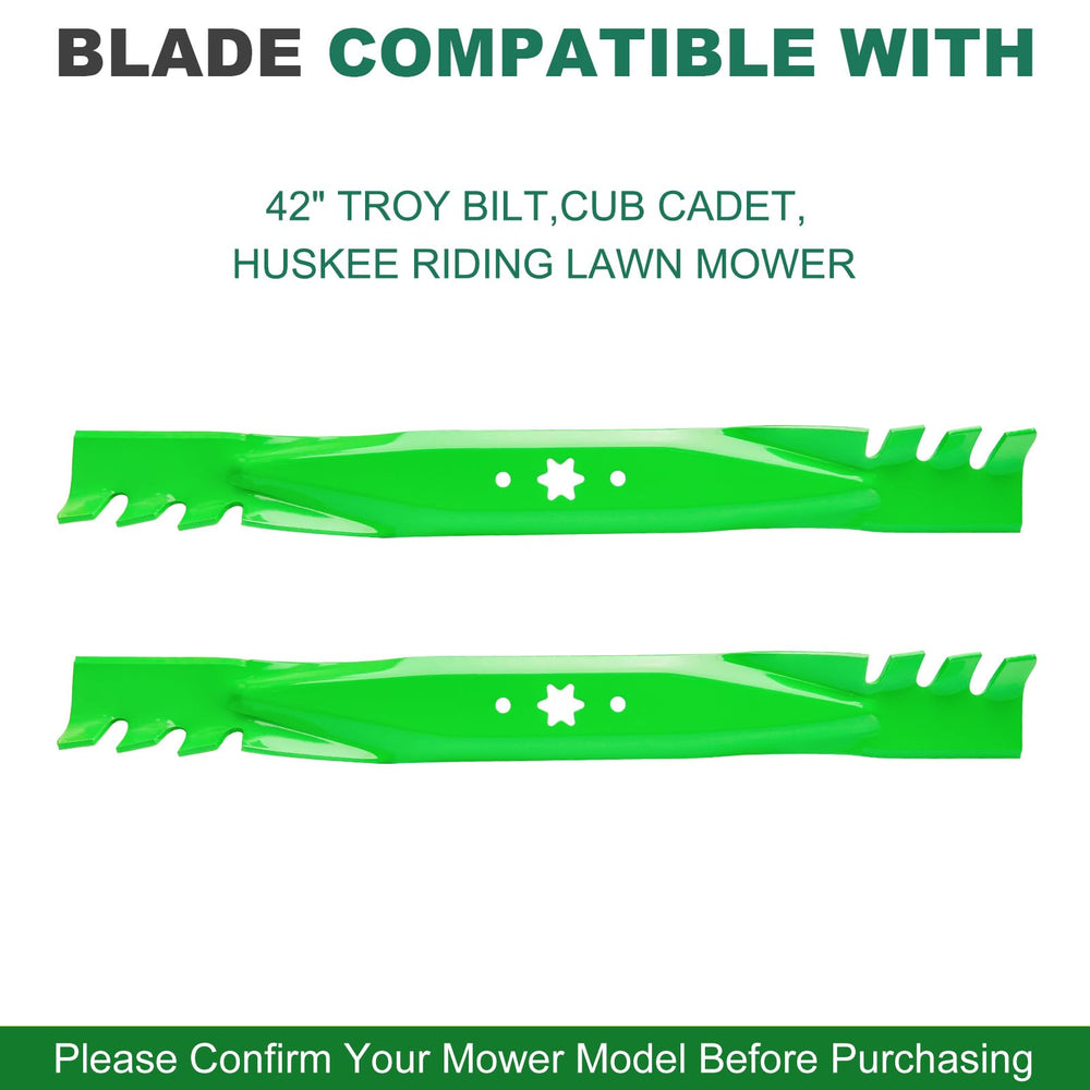 JSXDNWYJ blades installed on a 42-inch mower deck demonstrating direct-fit ease benefit