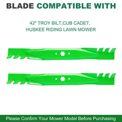 JSXDNWYJ blades installed on a 42-inch mower deck demonstrating direct-fit ease benefit