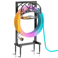jsyonii front view of hose holder showing organized hose and basket benefit tidy storage