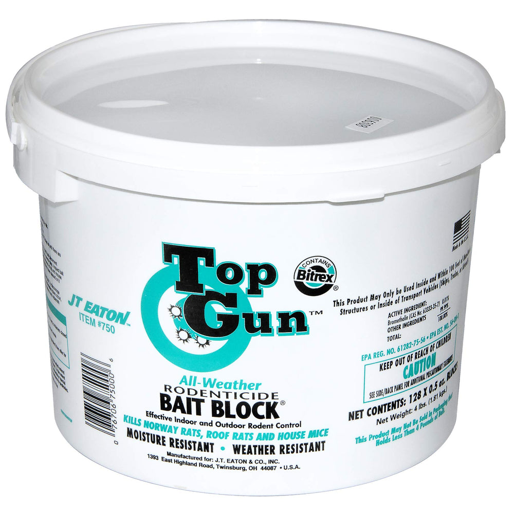 JT Eaton pail of Top Gun All-Weather bait blocks showing packaging and count