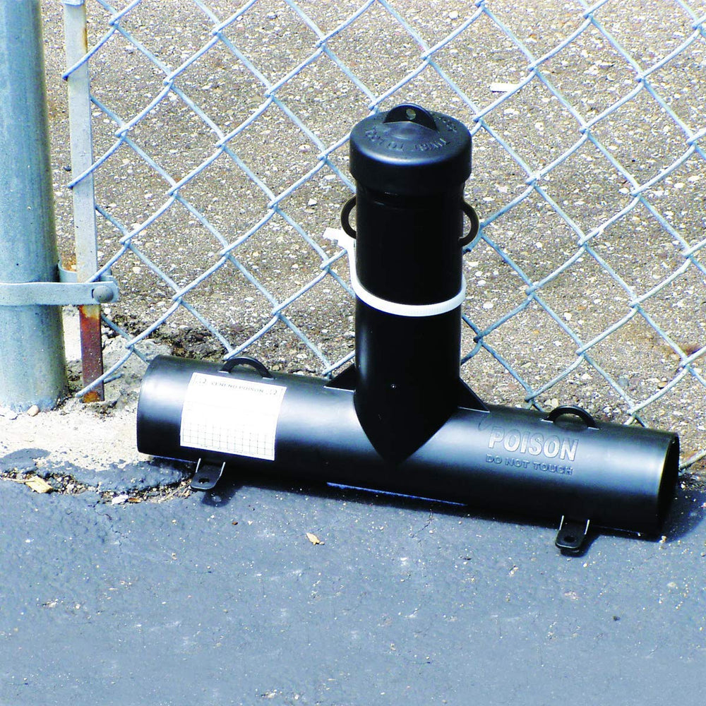 JT Eaton bait station with padlock demonstrating tamper-resistance and child safety