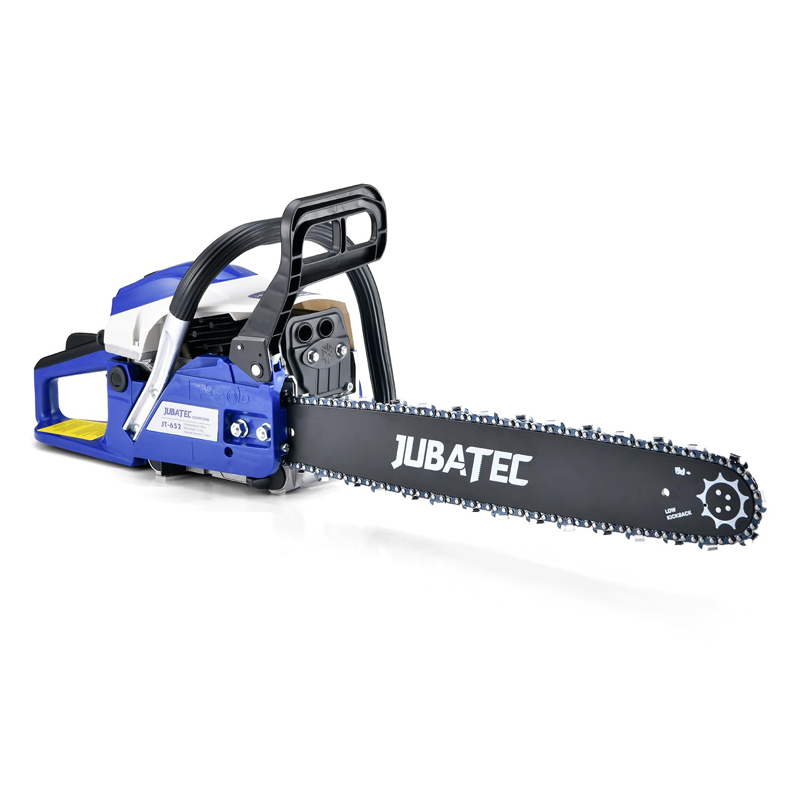JUBATEC front view showing full saw and 20-inch bar for reliable cutting