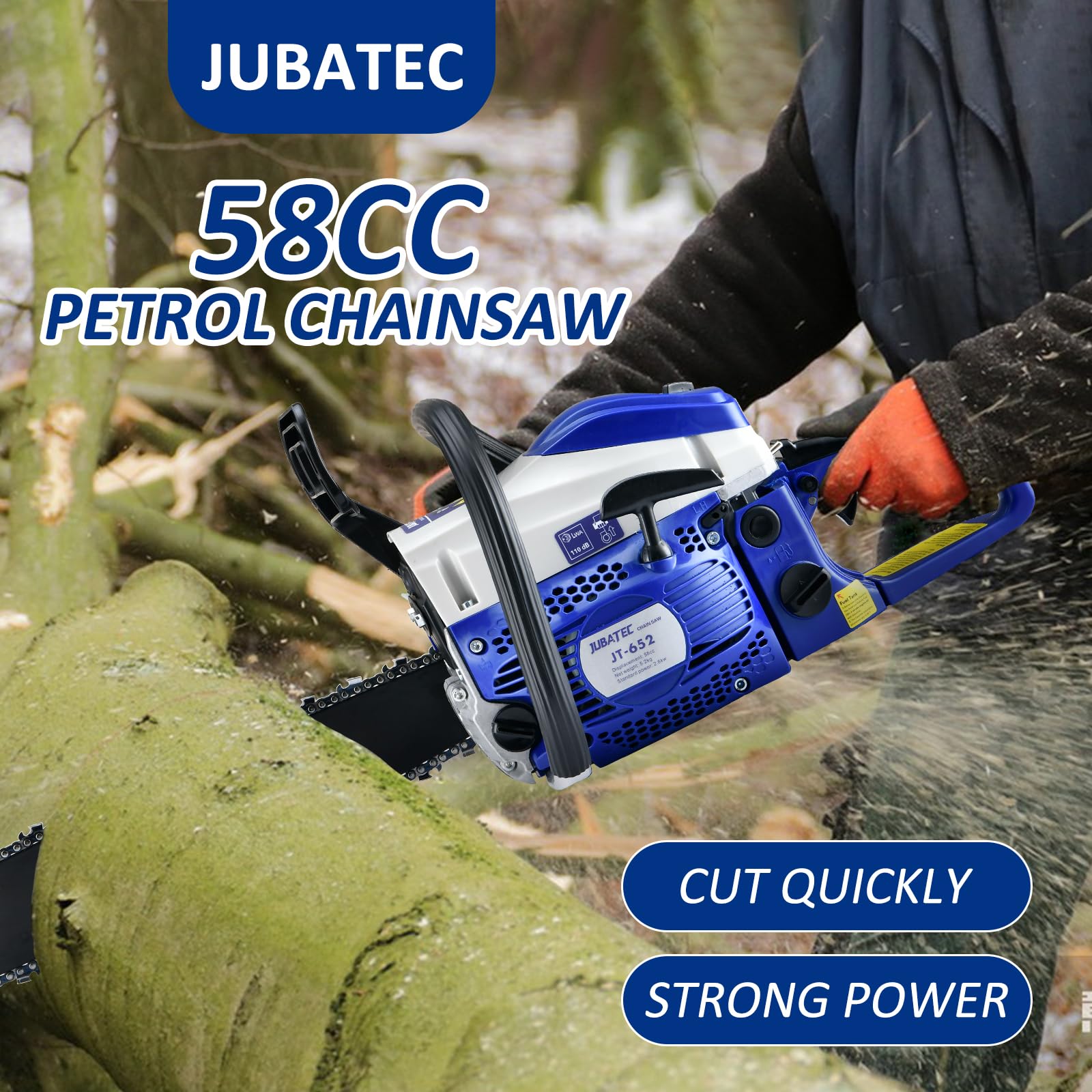 JUBATEC saw cutting a log demonstrating efficient firewood production