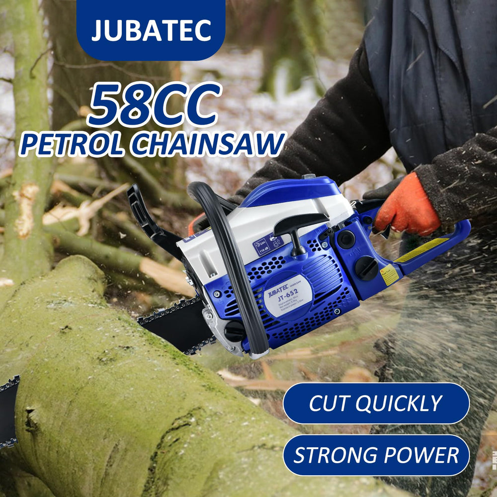 JUBATEC saw cutting a log demonstrating efficient firewood production