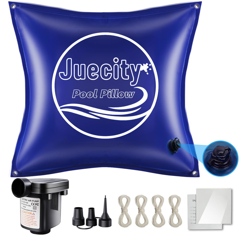 Juecity front view of packaged 10x10 pool pillow showing included kit benefits